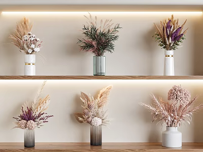 Dried Flower Bouquets In White Gray Glass Vases On Wooden Shelves With Wall Lighting 3d model