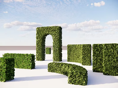 Green Plant Wall Various Shaped Structures Arch Square Curved Against Blue Sky With White Clouds 3d model