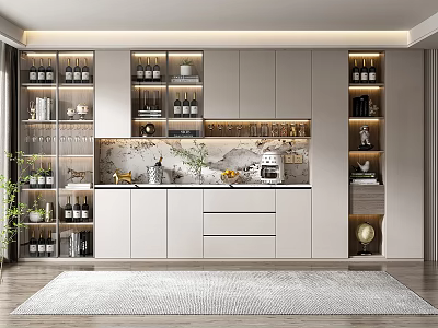 Modern Wine Cabinet Design With Glass Doors And Multiple Storage Shelves 3d model
