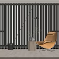 Stylish Orange Lounge Chair With Floor Lamp Plant Vase On Wooden Floor And Vertical Blinds