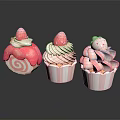 Colorful Decorated Cupcakes with Strawberry Toppings and Swirled Cream in Pink and White Striped Liners