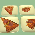 Four Delicious Pizza Slices On Light Green Square Plates With Various Toppings