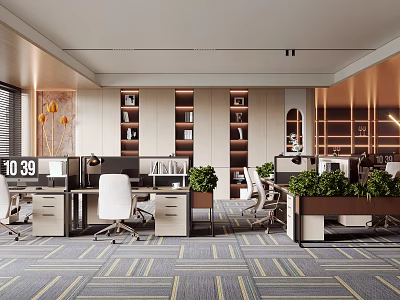 Modern Bright Public Office Space Interior With Ergonomic Office Desks Green Plants And Bookshelves 3d model