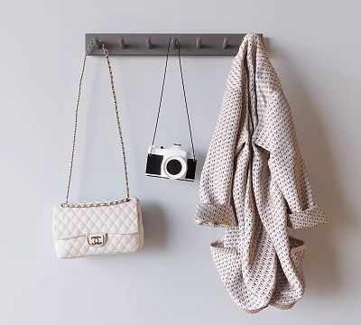 Wall Mounted Coat Rack With White Quilted Handbag Camera And Patterned Coat 3d model