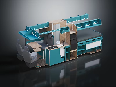 Blue Multifunctional Furniture Design For Compact Space With Integrated Table Chair Kitchen Sink Storage Cabinets 3d model