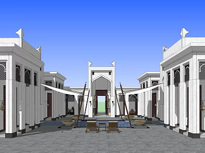 Traditional Courtyard Architecture Featuring White Facade Archway Entrance Symmetrical Elements And Stone Paved Ground 3d model