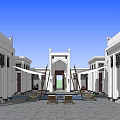 Traditional Courtyard Architecture Featuring White Facade Archway Entrance Symmetrical Elements And Stone Paved Ground