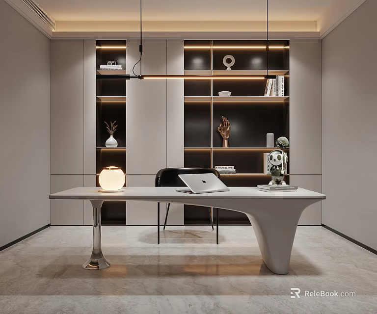 Modern Study Room Interior With Desk Laptop And Decorative Shelves 3d model