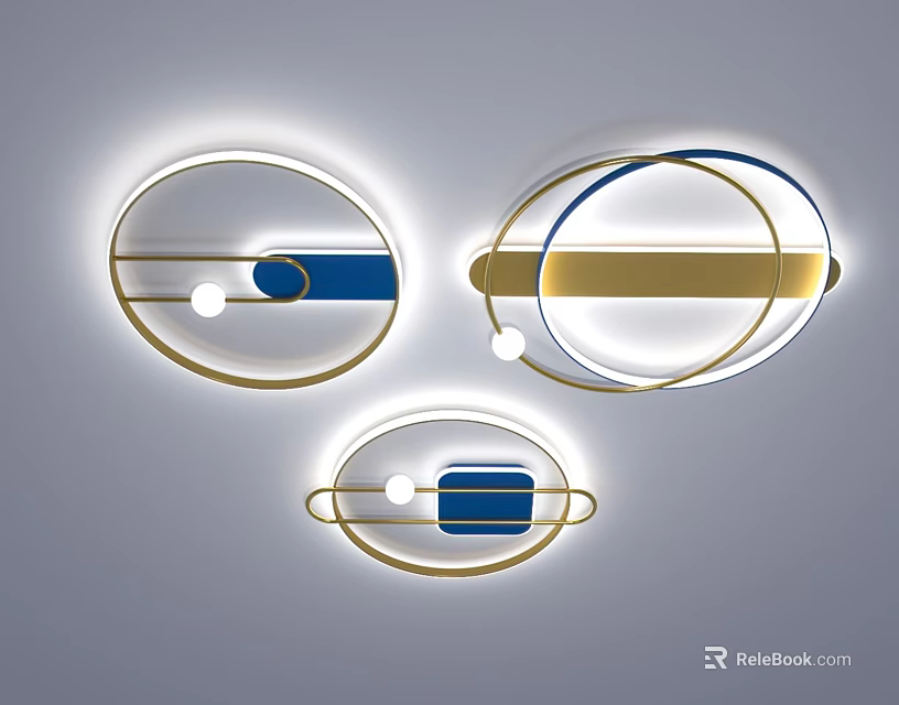 Modern Circular Ceiling Lights With Blue And Gold Elements And Illuminated Strips 3d model