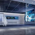 Modern Tech Exhibition Hall With Large Digital Screens And Silhouette Figures