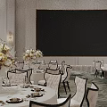 Banquet Hall Interior With Round Dining Tables Tableware Floral Bouquets And Chairs