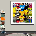 Abstract Painting with Vibrant Cartoon Characters Background STAFF Text Lively Style Wall Mounted Near Bookshelf