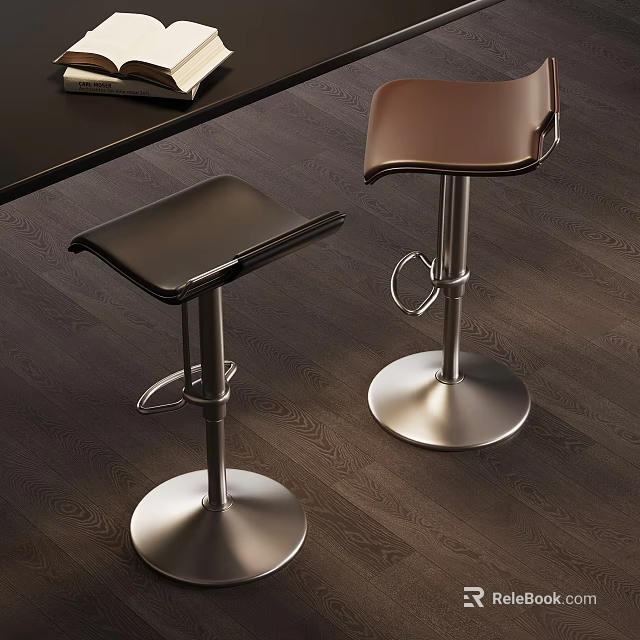 Modern Bar Stools With Leather Seats And Adjustable Metal Bases On Wooden Floor 3d model 