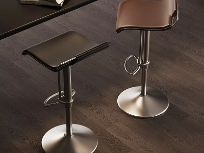 Modern Bar Stools With Leather Seats And Adjustable Metal Bases On Wooden Floor 3d model