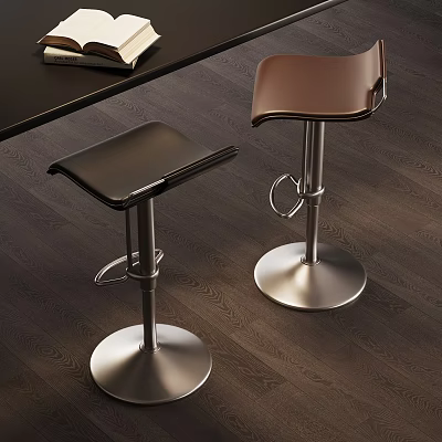 Modern Bar Stools With Leather Seats And Adjustable Metal Bases On Wooden Floor 3d model