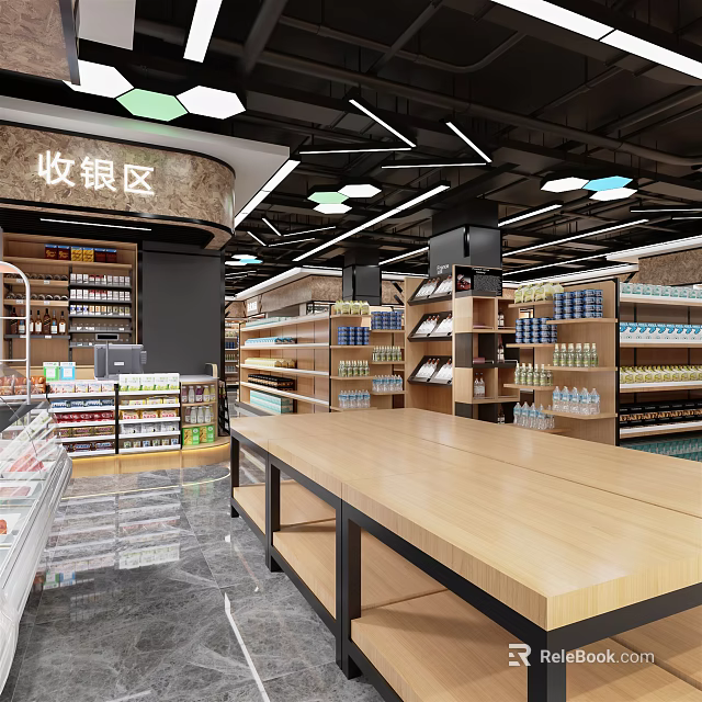 Supermarket Department Store Interior With Well Lit Checkout Area Organized Shelves And Various Products 3d model 