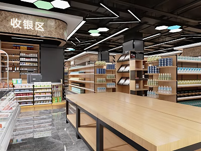 Supermarket Department Store Interior With Well Lit Checkout Area Organized Shelves And Various Products 3d model