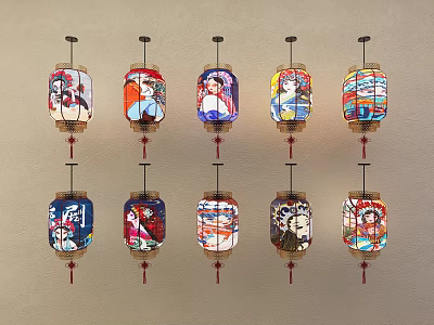 Traditional Chinese Decorative Lanterns With Various Colorful Illustrations Hanging On Wall 3d model