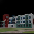 School Building With Red White Green Facade Multiple Windows Circular Section CC Logo Front Lawn 3d model