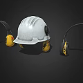 Protective Industrial Safety Equipment With White Hard Hat And Yellow Earmuffs