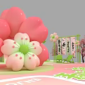 Spring Themed Floral Installation with Pink Blossom Trees Balloons and Gift Boxes