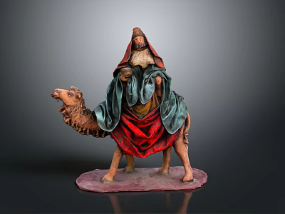 Wise Man On Camel Nativity Scene Figurine With Red Green Cloak And Detailed Sculpture Base 3d model