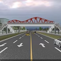 Modern Red Steel Bridge Over Road With Cars Bicycle Lane Trees And Buildings