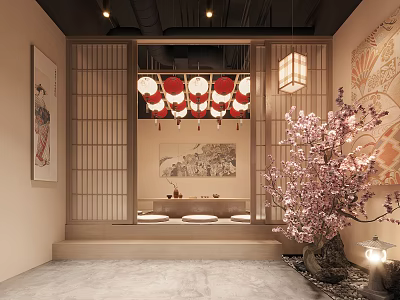 Japanese Interior Design With Sliding Shoji Screens Red White Lanterns And Cherry Blossom Tree 3d model
