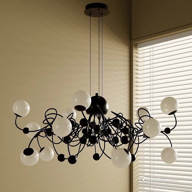 Modern Chandelier With Black Metal Frame And Multiple White Globe Bulbs 3d model 