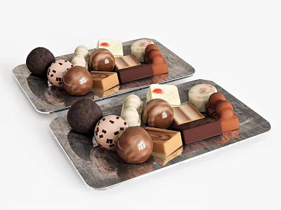 Delicious Assorted Chocolate Treats on Silver Trays with Various Shapes and Colors 3d model
