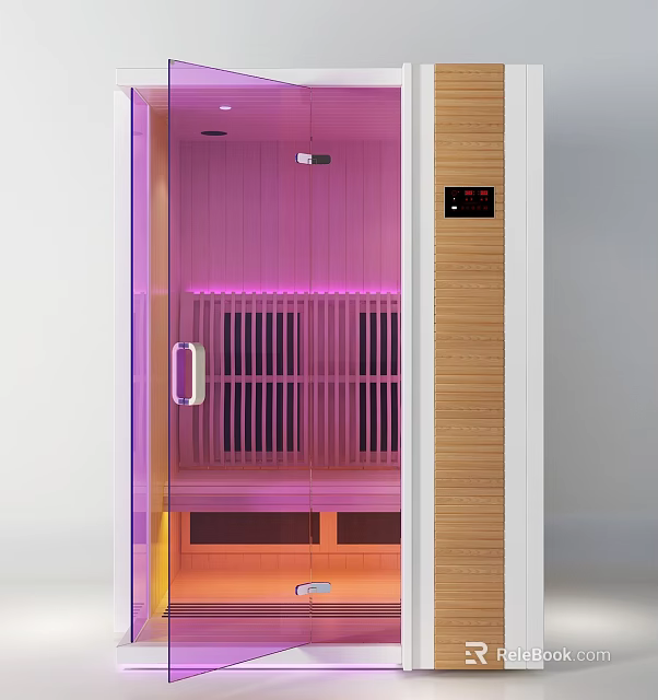 Commercial Sauna Equipment With Glass Door Wooden Interior Purple Lighting And Control Panel 3d model 