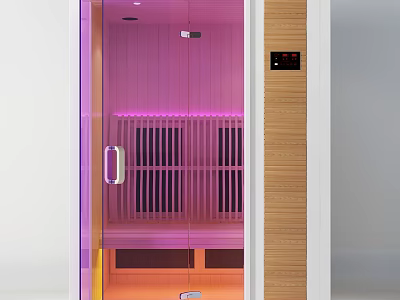 Commercial Sauna Equipment With Glass Door Wooden Interior Purple Lighting And Control Panel 3d model