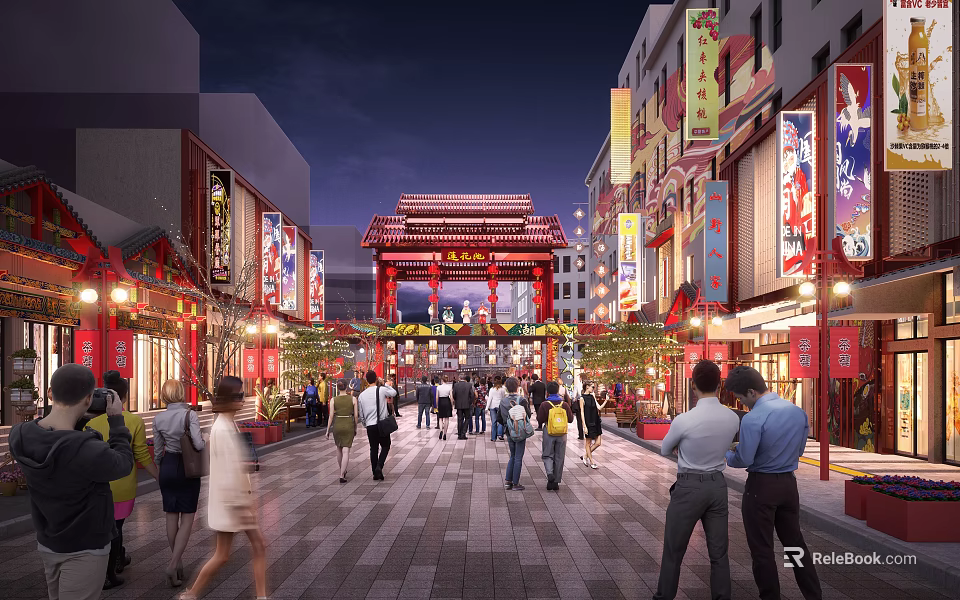 Vibrant Night Commercial Street With Chinese Archway Pedestrians And Lit Shop Signs 3d model 
