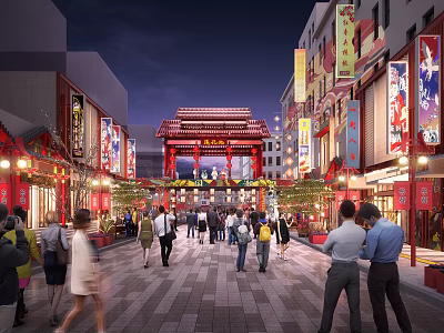 Vibrant Night Commercial Street With Chinese Archway Pedestrians And Lit Shop Signs 3d model
