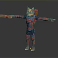 3D Feline Character In Red And Blue Outfit With Mechanical Arm And Outstretched Arms