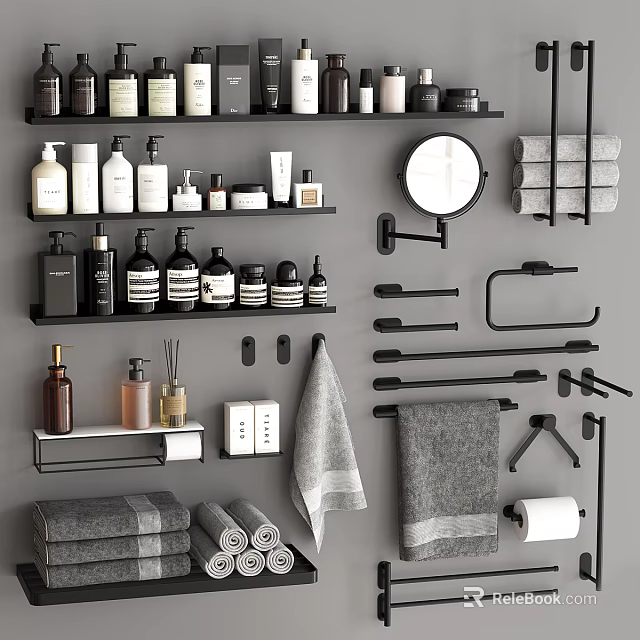 Bathroom Accessories Set With Towels Toiletries Bottles Shelves Mirror Hooks And Towel Bars 3d model 