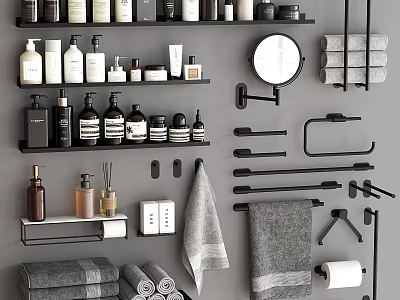 Bathroom Accessories Set With Towels Toiletries Bottles Shelves Mirror Hooks And Towel Bars 3d model