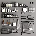 Bathroom Accessories Set With Towels Toiletries Bottles Shelves Mirror Hooks And Towel Bars