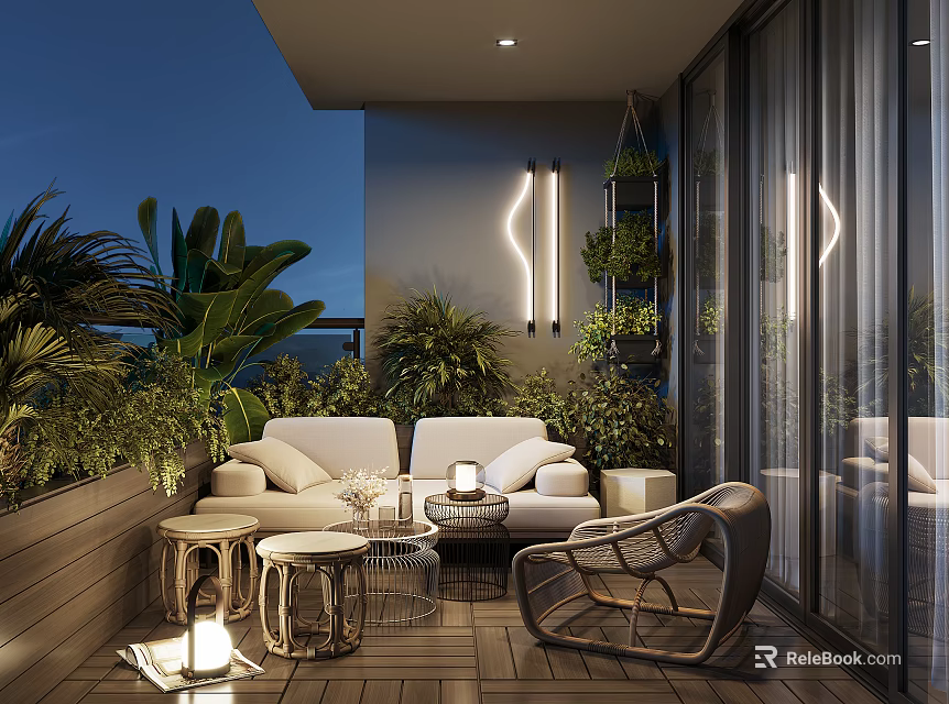 Cozy Modern Home Balcony Interior With Lush Plants Sofa Accent Chair And Wooden Flooring 3d model 