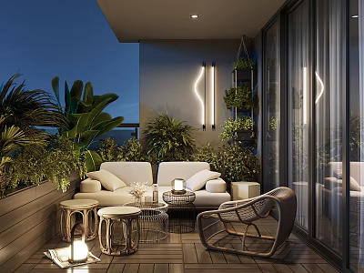 Cozy Modern Home Balcony Interior With Lush Plants Sofa Accent Chair And Wooden Flooring 3d model