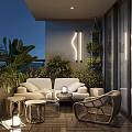 Cozy Modern Home Balcony Interior With Lush Plants Sofa Accent Chair And Wooden Flooring