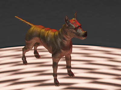 Yellow Gray Dog Sculpture Carving With Red Markings Standing On Geometric Shadow Platform 3d model