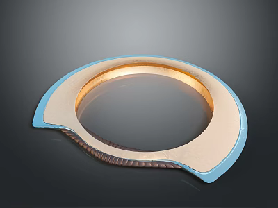 Curved Weapon Design With Blue Edge Gold Inner Ring And Beige Metallic Panel 3d model