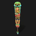 Colorful Tribal Decorative Weapon with Stacked Carved Masks and Long Wooden Shaft Design