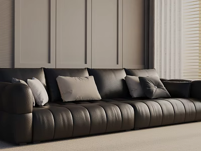 Modern Living Room Interior With Black Leather Three Seater Sofa And Pillows 3d model