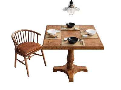 Rustic Wooden Dining Table And Chair Set With Tableware Bowls Plates And Hanging Lamp 3d model