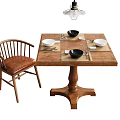 Rustic Wooden Dining Table And Chair Set With Tableware Bowls Plates And Hanging Lamp