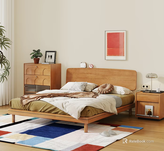 Wooden Double Bed with Platform Headboard Nightstand Dresser and Colorful Rug in Bedroom 3d model 