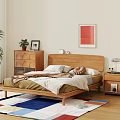 Wooden Double Bed with Platform Headboard Nightstand Dresser and Colorful Rug in Bedroom