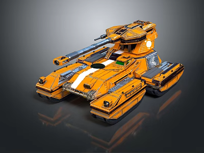 Orange Tracked Armored Weapon Vehicle with Large Cannon and Military Design 3d model